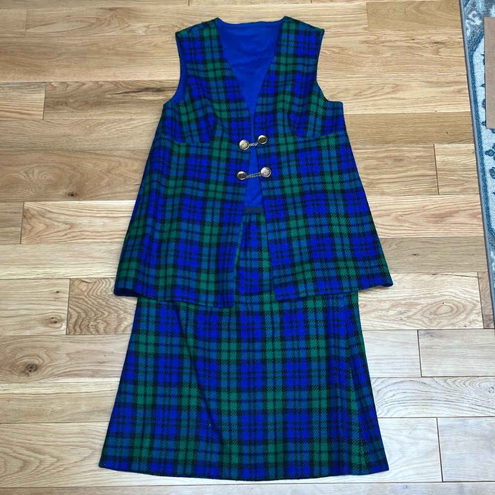 Vintage handmade Blue and Green Plaid Vest/skirt set with Gold Buttons